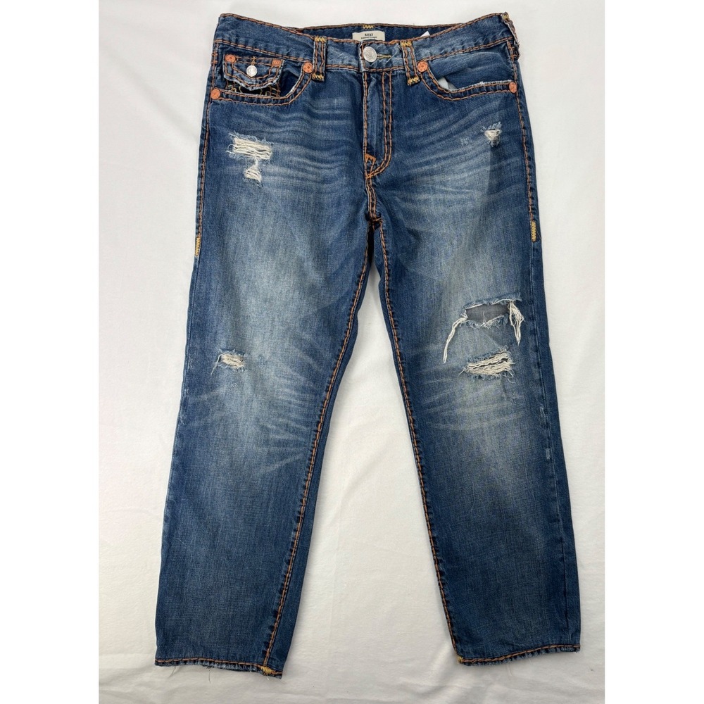 True Religion Ricky Jeans Mens 36 Blue Distressed Relaxed Straight Big Stitch